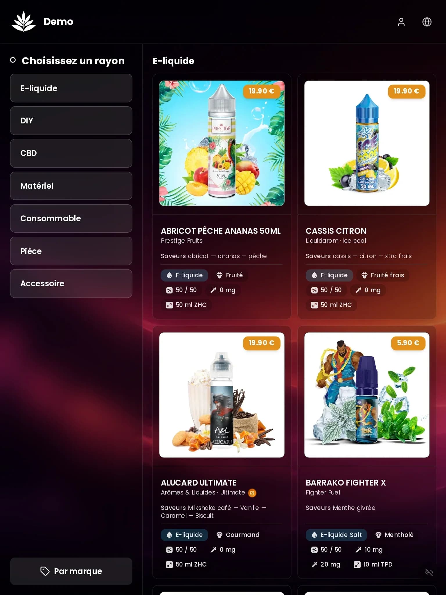 La borne de commande d'une boutique sur tablette : choix du rayon à gauche, produits sur deux colonnes à droite.