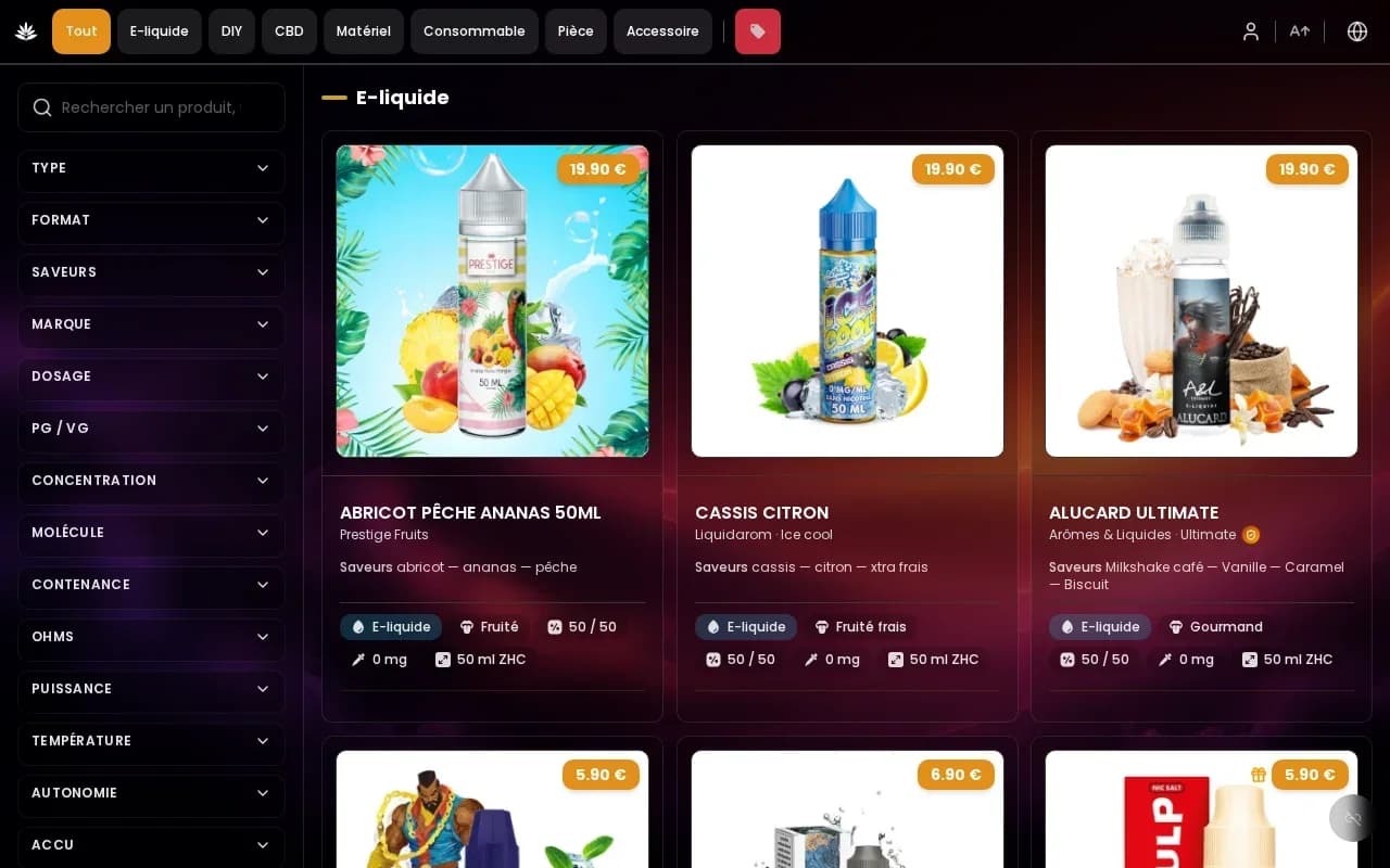 Le menu tablette d'une boutique : filtres à gauche, produits en photo avec leurs prix.